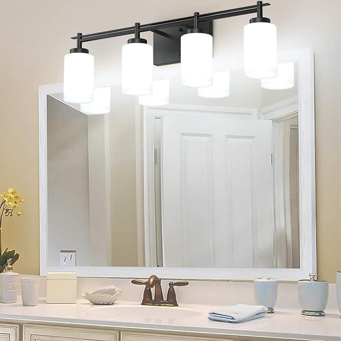 Aipsun Vintage Bathroom Vanity Light Black Bathroom Light Fixtures 4 Lights Milky White Glass Shade Industrial Wall Light (Exclude Bulb)