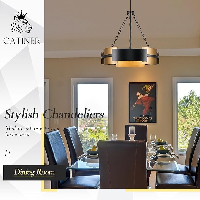 Modern Chandelier 24" Black Gold Industrial Drum Light Fixture 6-Light Metal Hanging Chandelier for Living Dining Room Foyer Entryway Kitchen