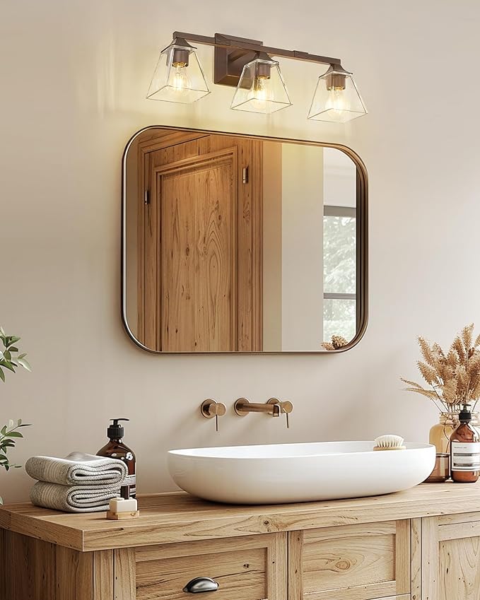 Farmhouse Bathroom Light Fixtures, HWH 3-Light Vanity Light Fixture Over Mirror, Industrial Wall Sconce Lighting with Square Bell Glass Shade, Oil-Rubbed Bronze Finish, 5HY68B-3W ORB