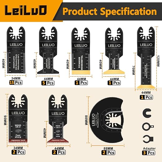 LEILUO 32 Pcs Multitool Blade Kit for Wood Nails Japanese Tooth Oscillating Saw Blades Titanium Oscillating Tool Blade with Storage Bag Compatible with DeWalt Dremel Makita and More