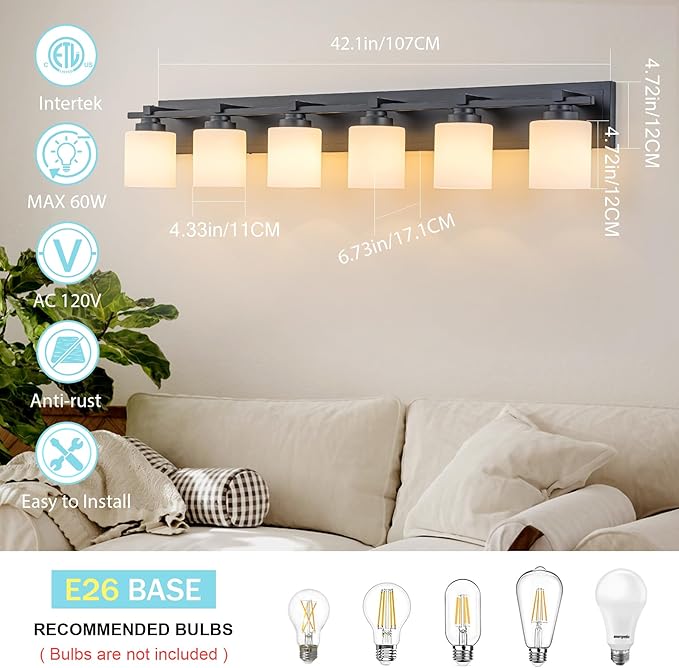 6 Light Modern Bathroom Light Fixtures Over Mirror, Black Vanity Lights for Bathroom Wall Sconces with Milky White Glass Shades, E26 Socket (Bulbs Not Included)