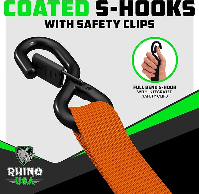 Rhino USA Ratchet Straps Heavy Duty Kit (2-Pack) - 1.6 Inch x 8 Feet (5,208lb Break Strength) - Ultimate Tie Down Straps with Safety S Hooks for Trucks, ATV, UTV, Motorcycle, Cargo & More - Orange