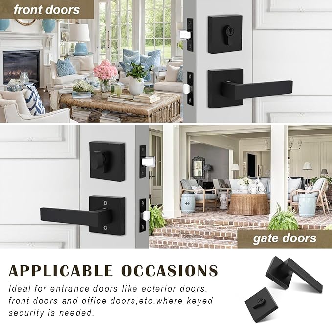 3 Pack Keyed Entry Door Lock with Deadbolt Set, Reversible Passage Lever and Keyed Alike Single Cylinder Deadbolt, Black Front Door Handle, Matte Black Square Handleset for Bedroom, Front Door