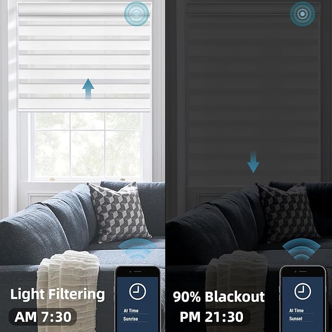SmartWings Motorized Zebra Shades Work with HomeKit, Alexa, Google Home, 90% Blackout Light Filtering Day Night Sheer Blinds, Privacy Light Control, for Home/Office, Customized, Grevish White