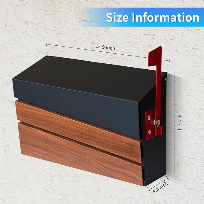 Wall Mount Mailboxes, Morden Mailbox for House, Metal Outside Mailbox with Walnut Wood Panel, Large Capacity Galvanized Steel Post Box with Flag (No Keys Locking)