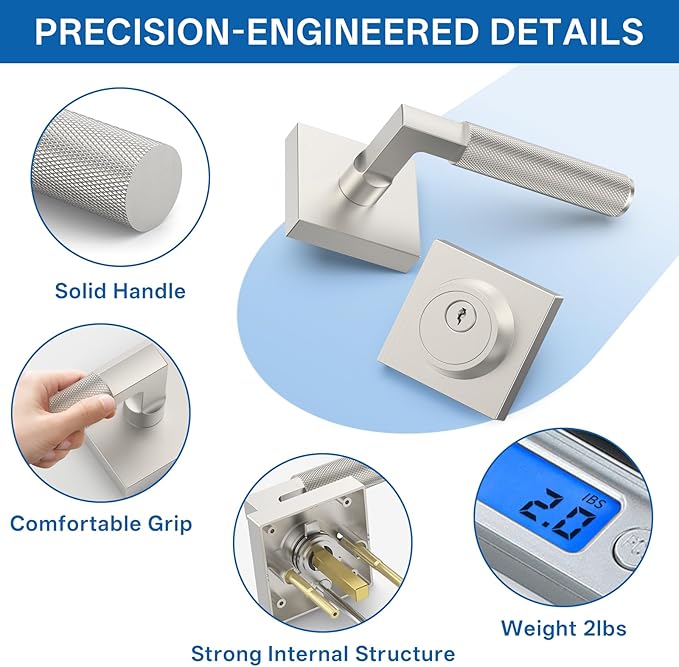Amerdeco Front Door Lock Set with Double Cylinder Deadbolt, Exterior Entry Door Lever, Heavy Duty Entry Door Locksets for Left or Right Hand Exterior Door（Brushed Satin Nickel 1 Pack）