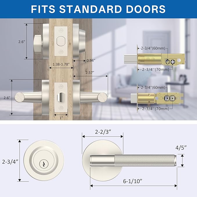 Amerdeco Front Door Lock Set with Double Cylinder Deadbolt, Exterior Entry Door Lever, Heavy Duty Entry Door Locksets for Left or Right Hand Exterior Door（Satin Nickel 1 Pack）
