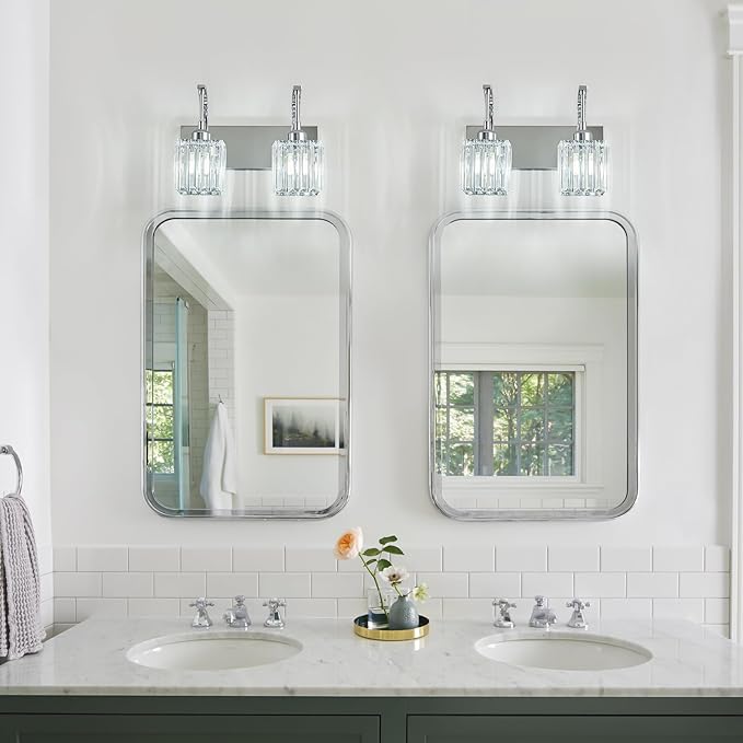 Crystal Vanity Lights 2-Light Chrome Wall Lamp Modern Crystal Bathroom Light Fixtures Over Mirror 13.77" Long Bathroom Wall Sconce