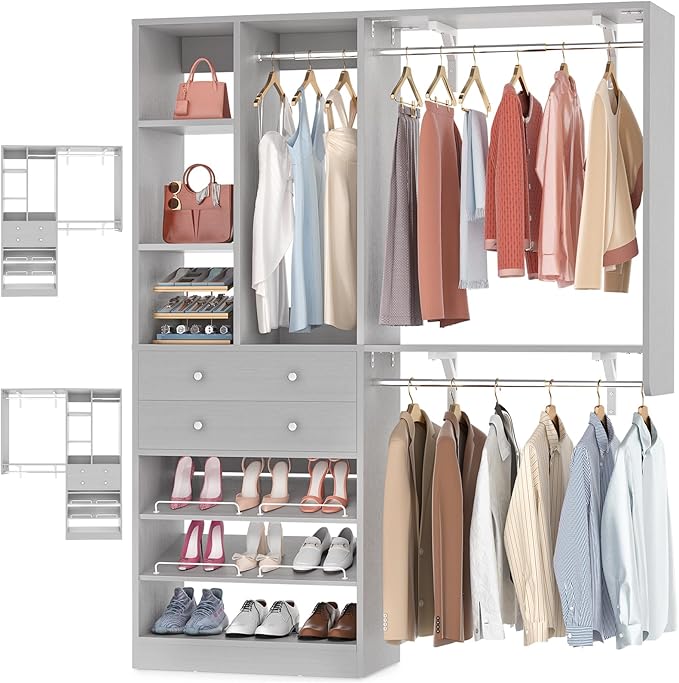 Closet System - 5FT Small Closet System with Drawers, 60" Closet Organizer System with Reversible Hanging Shelving, Closet Systems for Small/Walk-in Closets, Morandi Grey