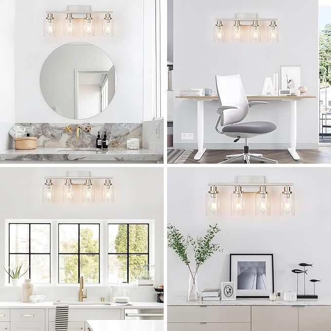 4 Light Bathroom Light Fixtures Brushed Nickel Vanity Light Over Mirror Modern Farmhouse Wall Lighting Sconces Wall Lamp for Bathroom, Bedroom, Living Room E26 Socket with Glass Shade