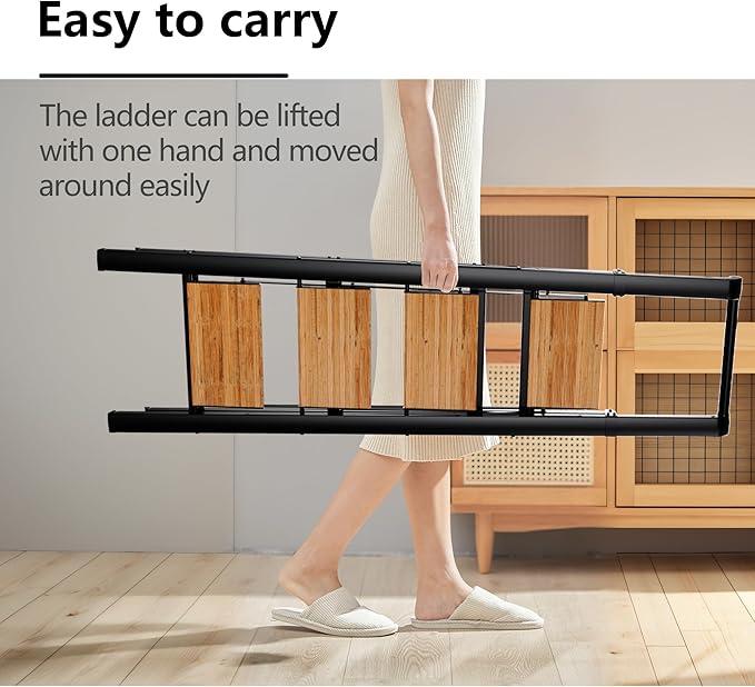 Step Ladder 4 Step Folding Stool with Anti-Slip Widened Sturdy Pedal and Handgrip, Portable Lightweight Aluminum Ladder for Home,Kitchen,300 lbs Capacity-Black+Woodgrain