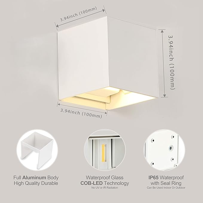 LANFU LED Aluminum Square Cube Waterproof White Wall Sconce Outdoor Light Exterior Wall Lighs fixtures Outside for House Patio 6W 100-277V 3000K Angle-Adjustment Warm Light 2LEDS White 6W