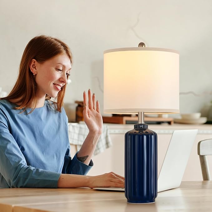 Lamp for Living Room Bedroom Lamps Farmhouse Table Lamps Set of 2 Vertical Stripe Ceramic Table Lamp,Linen Shade with Bulb, 25 in High,Navy Blue