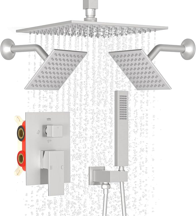 Enga 10 Inch + Dual 6-Inch Rain Shower System, Four Modes Diverter Shower Faucet with Handheld, Luxury Rain Mixer Shower Combo Set, Brushed Nickel