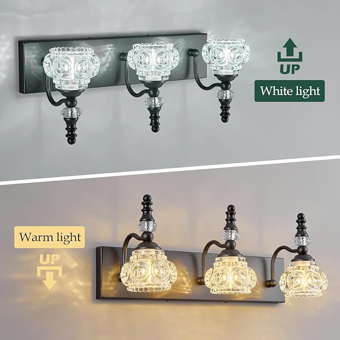 Modern Crystal Bathroom Vanity Light Black Vintage Bathroom Light Fixtures 3-Lights Glass Crystal Vanity Lights