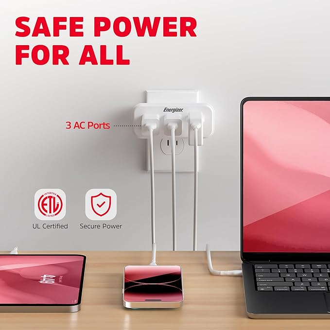Energizer 3 Device Multi Plug Wall Outlet Extender - 3 AC Power Outlets Grounded Power Strip Expander Plug in Adapter