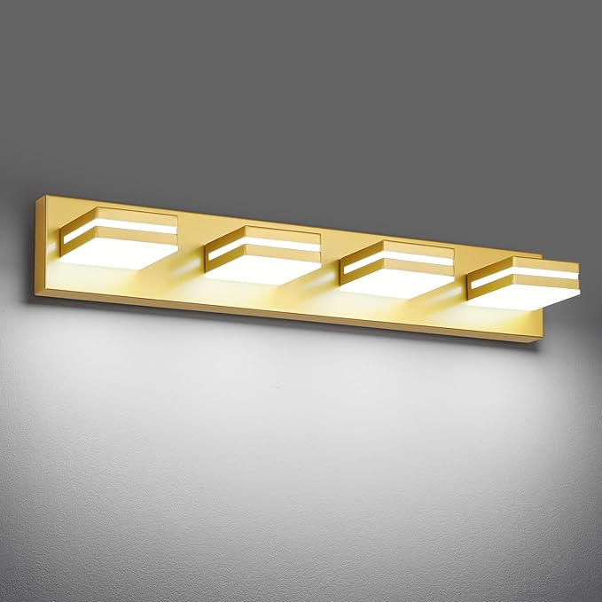 Modern LED Bathroom Lights Fixtures(4-Light),Metal Gold Acrylic Wall Lighting,Vanity Lights for Bathroom Over Mirror(6000k 27In
