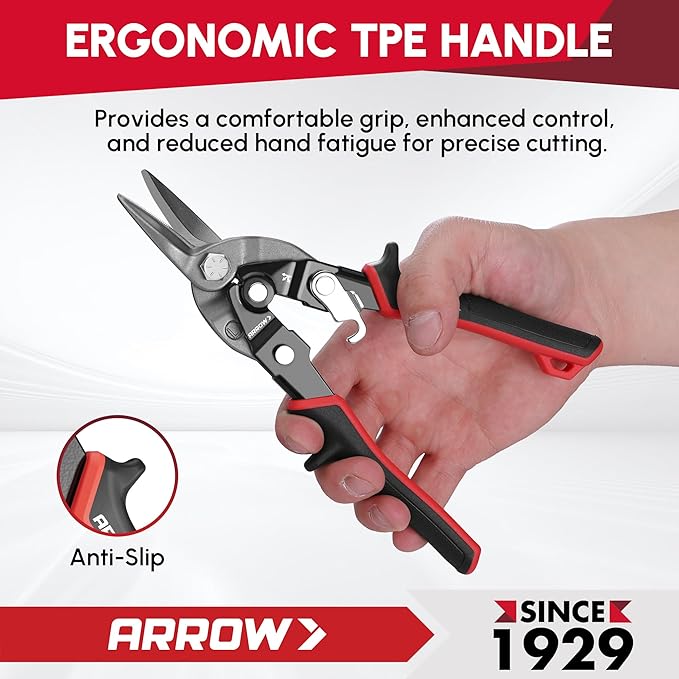 ARROW 8-inch Tin Snips for Cutting Metal Sheet, CR-V Steel Aviation Snips, High Leverage Labor-saving Metal Cutter, Left Cut