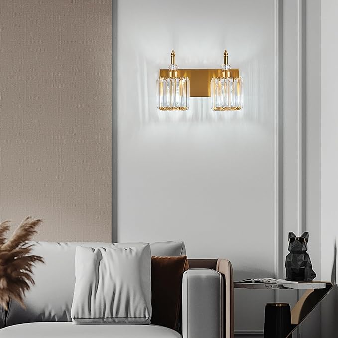 Crystal Vanity Lights Gold 2 Light Bathroom Light Fixtures Over Mirror Modern Vanity Light for Bathroom