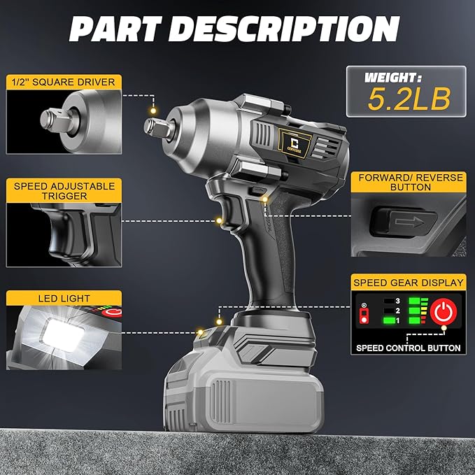 Cordless Impact Wrench 1/2 inch for Dewalt Battery, 750FT-LBS (1000N.m) Brushless Electric Impact Gun Includes LED Work Light, High Torque Impact Driver, Bare Tool Only