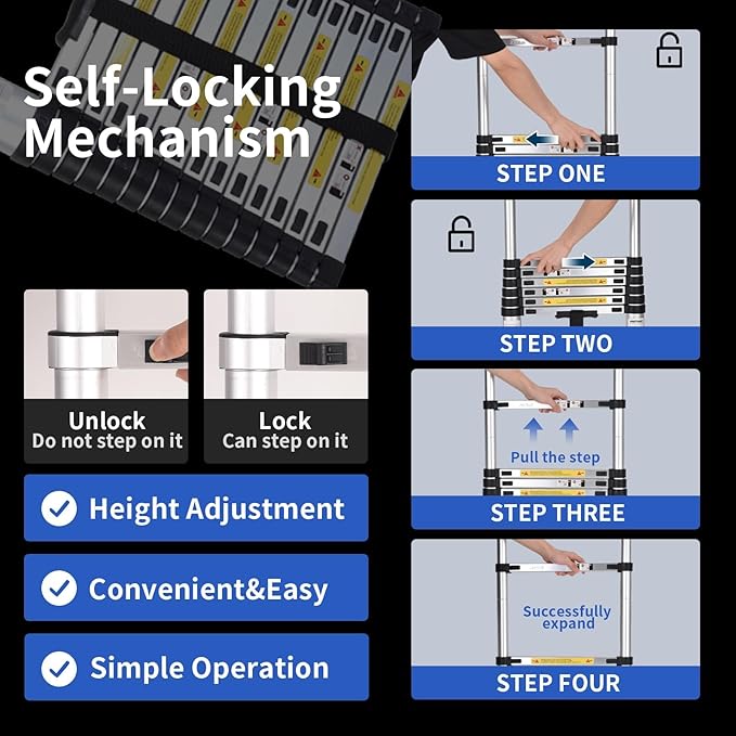 JADDUO 12.5FT Telescoping Ladder Aluminum Lightweight Extension Ladder with 2 Triangle Stabilizers Compact Collapsible Ladder for Travel, Home & RV