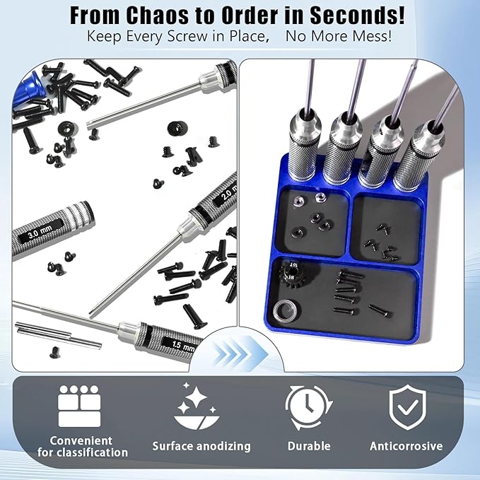 Magnet Tool Tray Aluminum Alloy Screw Tray with Tool Holder RC Parts Fixing for 1/10 RC Cars, Drones, Phone, Computer, Eyeglass, Electronic Multi-Compartment Anti-Loss Organizer Storage Box(Blue)