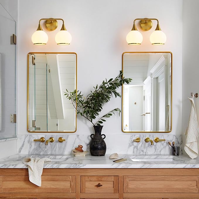 Brushed Gold Bathroom Light Fixtures 2-Lights Vanity Lights with Milky White Frosted Glass Shade Bathroom Vanity Light 14 inch Wall Sconce Lighting Bath(Exclude E26 Bulb)