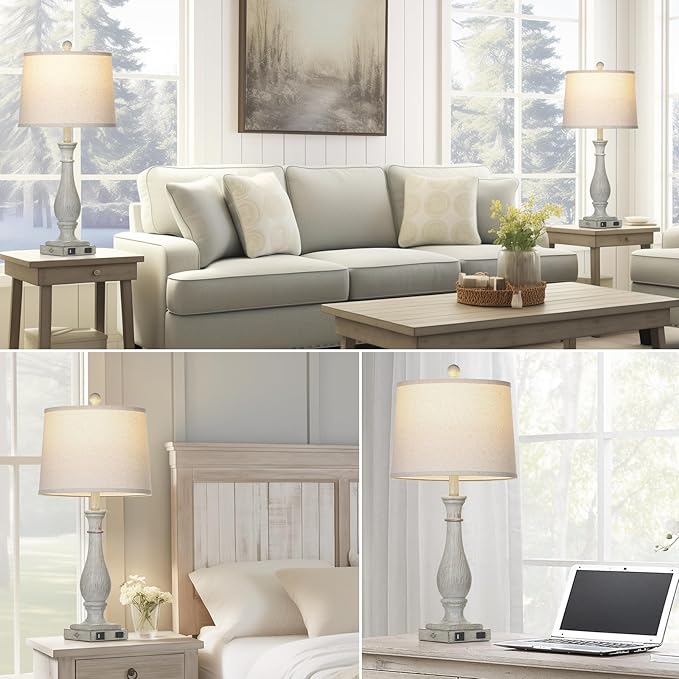 27.5" Farmhouse Table Lamps Set of 2 with USB C+A Ports & AC Outlet for Vintage Living Room Retro Bedroom, 3-Way Dimmable Touch Lamps Resin Bedside Lamps for Nightstand Side End Table, Grey