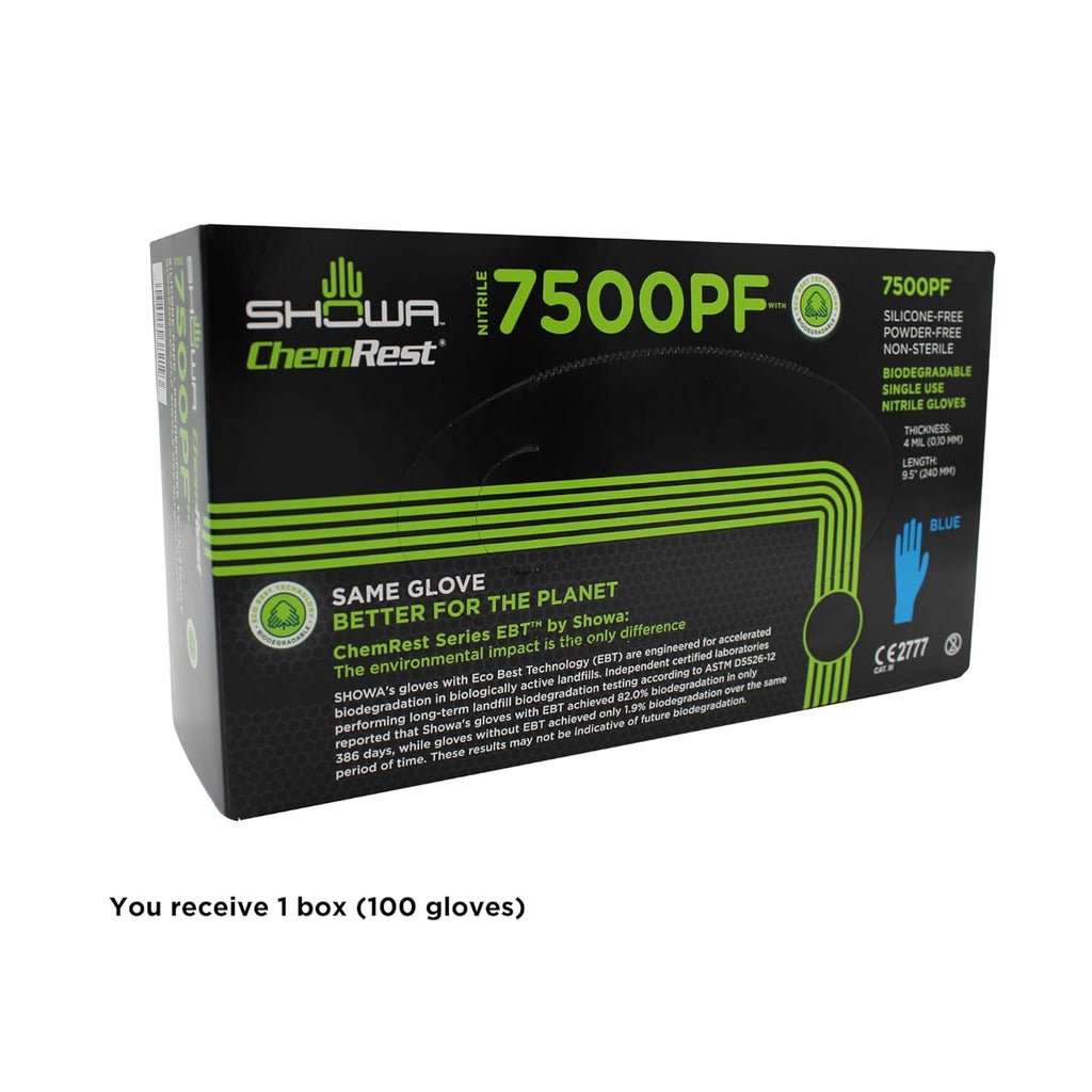 SHOWA 7500PF Sustainable EBT Latex-Free, Powder-Free, Nitrile Disposable Single Use Safety Gloves, 4 Mil, 9.5" Length, Medium (1 Box/100 Gloves)