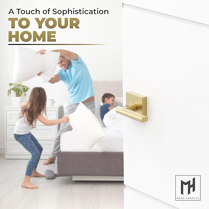 Mega Handles Prime Privacy Lever Door Handle for Hallway, Closet and Bathroom, Keyless Design Door Levers, Fits All Standard Door Sizes, Covered Screws Included - Satin Brass (1 Pack), 4.29"