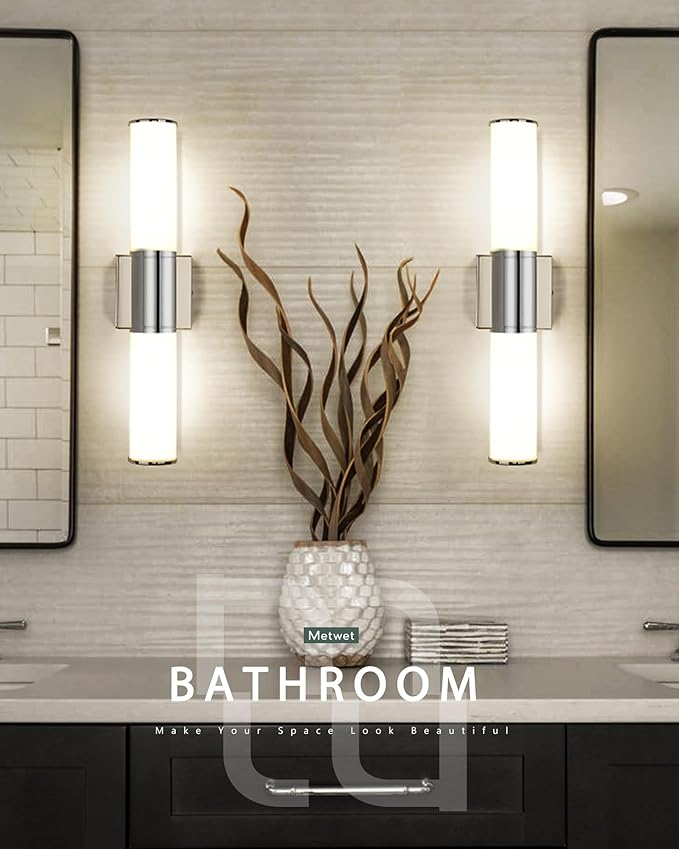 Bathroom Light Fixtures, 2-Light Vanity Lights for Mirror with Milk Glass Shade, Chrome Up and Down Wall Sconces for Bathroom Bedroom Hallway, VL834-CH-ML