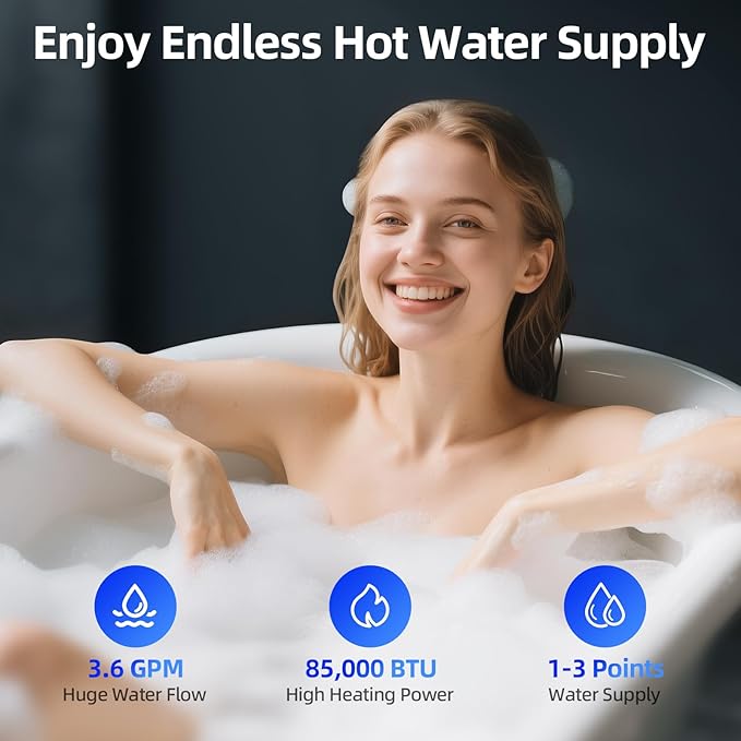 Propane Gas Tankless Water Heater, Indoor Max 3.6 GPM, 85,000 BTU On Demand Instant Hot Water Heater Propane Gas with LED Temperature Control Panel, 1/2" NPT Connector Size, CSA Certified, Gray