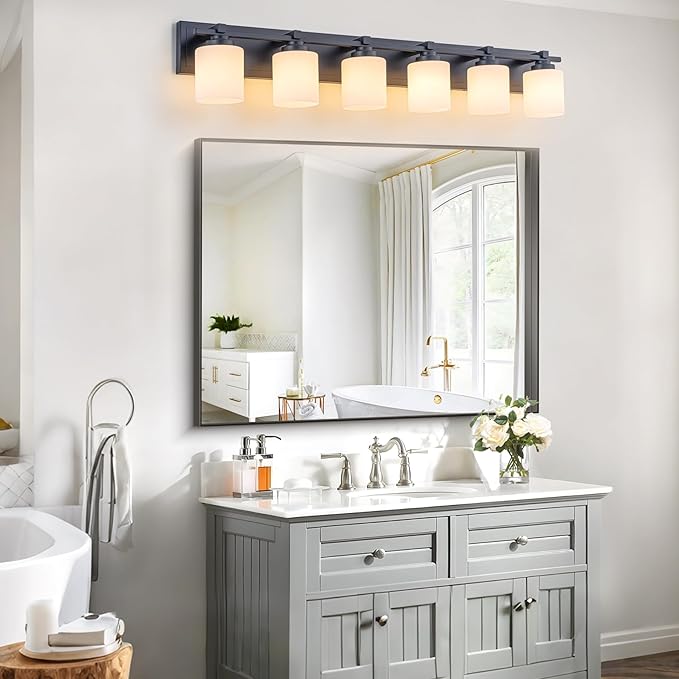 6 Light Modern Bathroom Light Fixtures Over Mirror, Black Vanity Lights for Bathroom Wall Sconces with Milky White Glass Shades, E26 Socket (Bulbs Not Included)