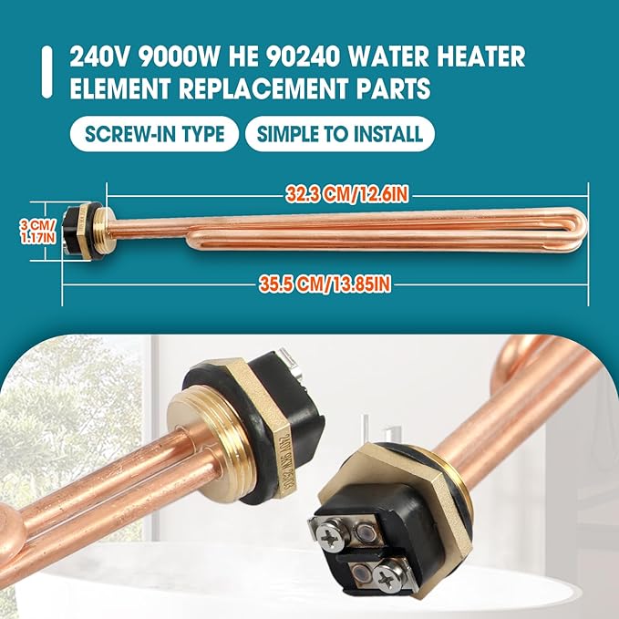 3 Pcs He 90240 Water Heater Heating Element 9000W 240V Heating Element Replacement for EcoSmart ECO 18 27 36 for Rheem Rtex Retex for Electric Tankless Water Heaters Screw-In Copper