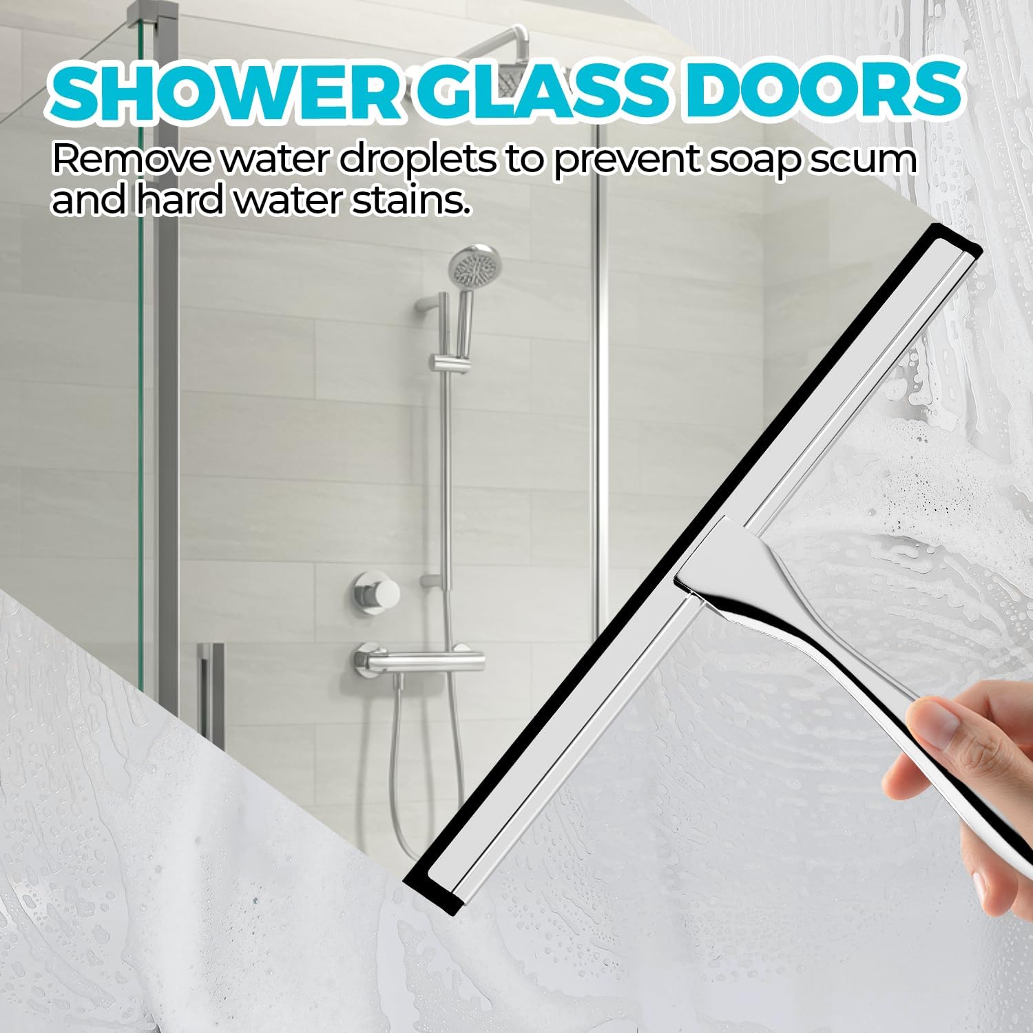 2PACK All-Purpose Shower Squeegee for Shower Doors, Tile Shower Walls, Bathroom, Window, Glass and Car Windshield, Mirrors and Kitchen-Stainless Steel, 9.8-Inch, Silver