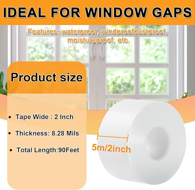 Window Weather Sealing Tape 2 Inch x 90 FT Weather Stripping Residue-Free Window Seal Insulation Tape for Doors Windows and Shower Glass Gaps White