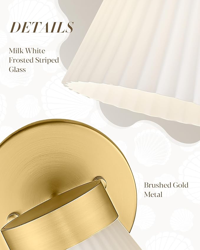 Gold Wall Sconce, HWH Single Wall Light Fixture Brushed Gold Wall Lamp with Frosted Milk White Striped Glass Shade, Modern Indoor Wall Sconce for Kitchen Bedroom Schoolhouse, 5HZG97B BG