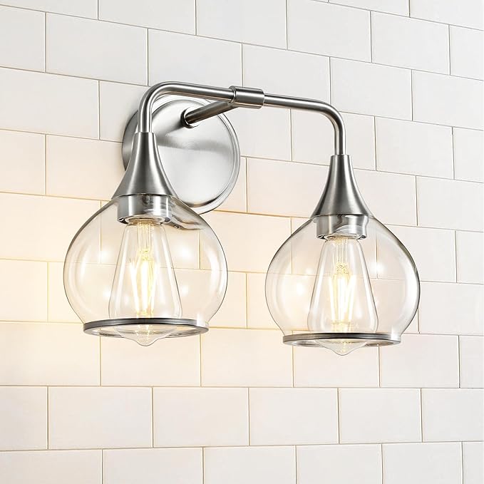 Brushed Nickel Bathroom Vanity Light 2 Lights Bathroom Light Fixtures Over Mirror with Clear Glass Shade 14 inch Wall Sconce Lighting Bath(Exclude E26 Bulb)