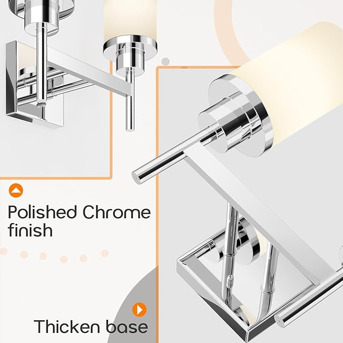 Vanity Lights Polished Chrome Bathroom Light Fixtures with White Frosted Glass Shade, Double Wall Sconces for Mirror Hallway Entrance Porch T001CH-L2