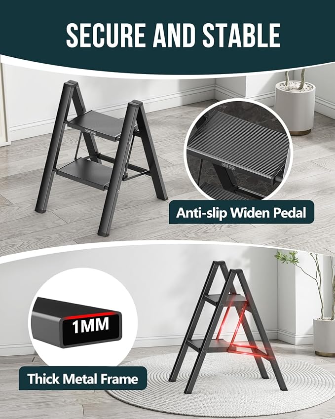 WOA WOA Step Ladder, Folding Step Stool with Widening Pedals, Portable Lightweight Home Ladder, Kitchen Stepladder, Easy to Store, Space Save 300 lbs Capacity (2 Step, Black)