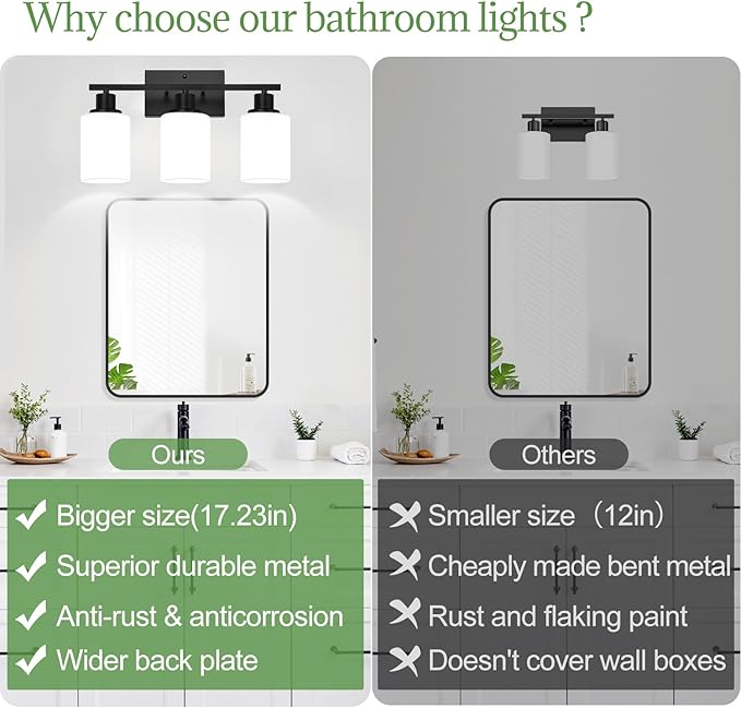 3-Light Bathroom Light Fixtures, Vanity Light with Milky White Shades, Matte Black Bathroom Light Fixtures Over Mirror, Modern Bathroom Wall Lamp for Mirror Living Room Cabinet Bedroom