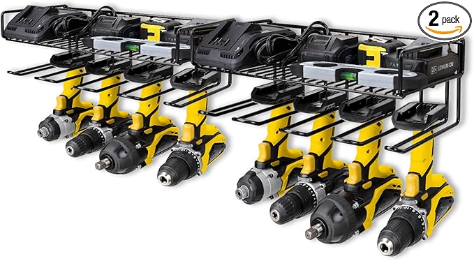 Heavy Duty Tool Organizer, 16" W x 7.48" H x 5.51" D, 4 Wall Mount Anchors, 3.95" Between Slots, Sturdy Steel Construction, Ideal for Power Tools (2 Pack)