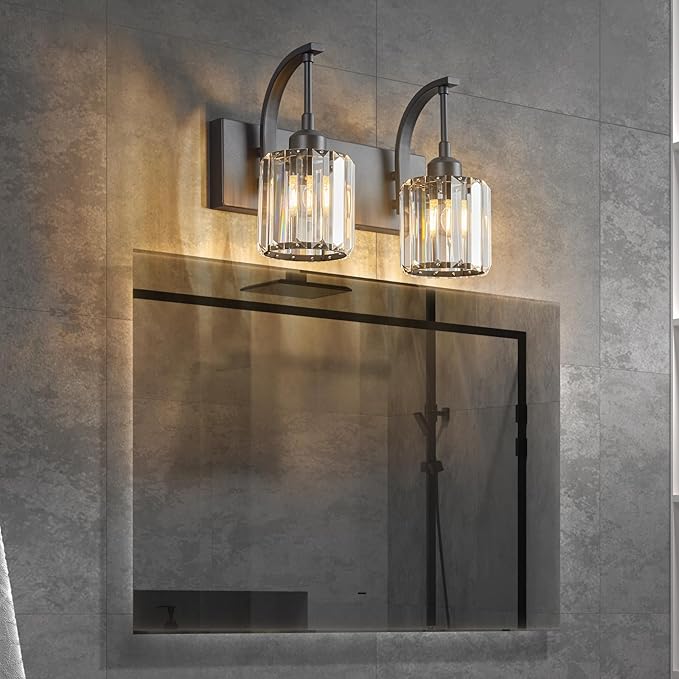 Bathroom Crystal Vanity Lights 2-Light Black Wall Lamp Modern Crystal Bathroom Light Fixtures Over Mirror 13.77" Long Wall Sconce