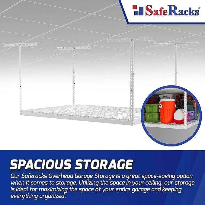 SafeRacks 4x6 Overhead Garage Storage Rack - Height Adjustable Steel Overhead Storage Rack - 500 Pound Weight Capacity (White, 12"-21")