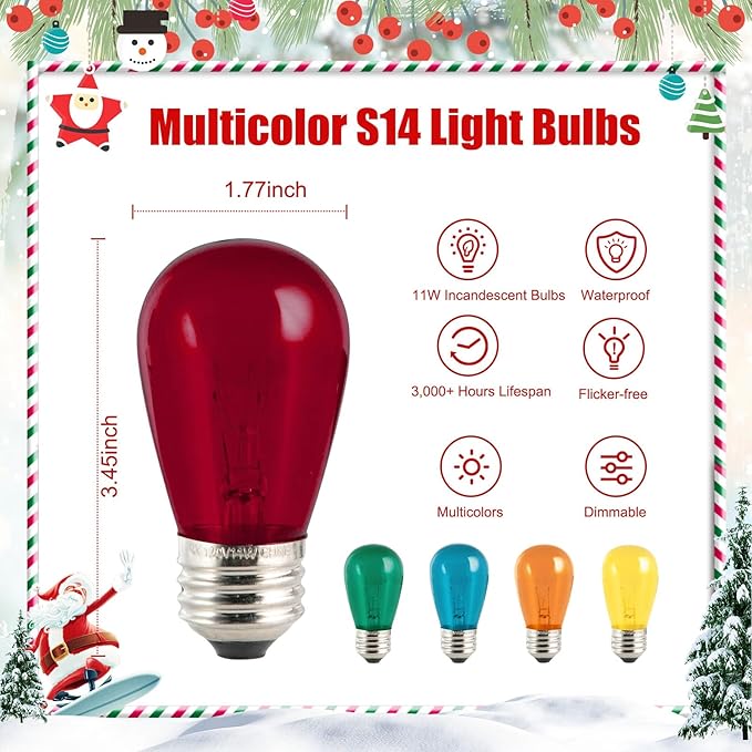 S14 Christmas Replacement Light Bulbs, 20 Pack Glass Edison Vintage Bulbs, 11 Watt, E26 Medium Base, Waterproof Commercial Christmas Bulb for Indoor Outdoor Home Patio Garden Decoration, Multicolor