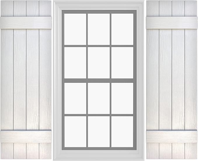 Board & Batten Vinyl Shutters (1 Pair) | 14.5"x35" (4-Board) - Dover White/Paintable | Exterior Window Shutters | Includes Mounting Hardware | Simple Installation | Made in USA