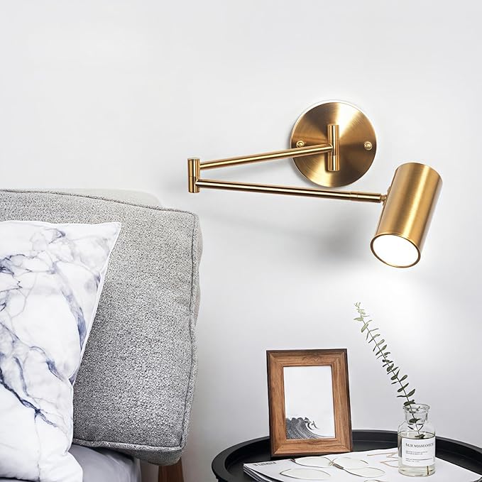Indoor Wall Light Adjustable Swing Arm 5W LED Metal Wall Lamp 3000K Warm White Retro Vintage Industrial Wall Sconce, for Living Room Bedroom Hallway Corridor Stairs Hall, Gold