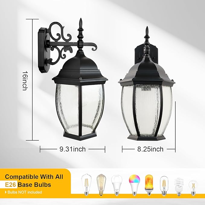 Outdoor Wall Lights, 16 Inch Wall Sconce with Glass Shades, Waterproof Porch Light Fixture, Mounted Exterior Lighting Fixtures for House Farmhouse Patio Doorway Garage (E26 Base Max 40W)