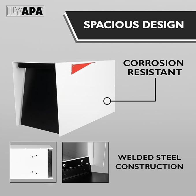 Ilyapa Modern Mailbox for Post Mount - White with Black Door Powder Coated Steel, Waterproof Letter Box for Parcels, with Recessed Magnetic Close Door