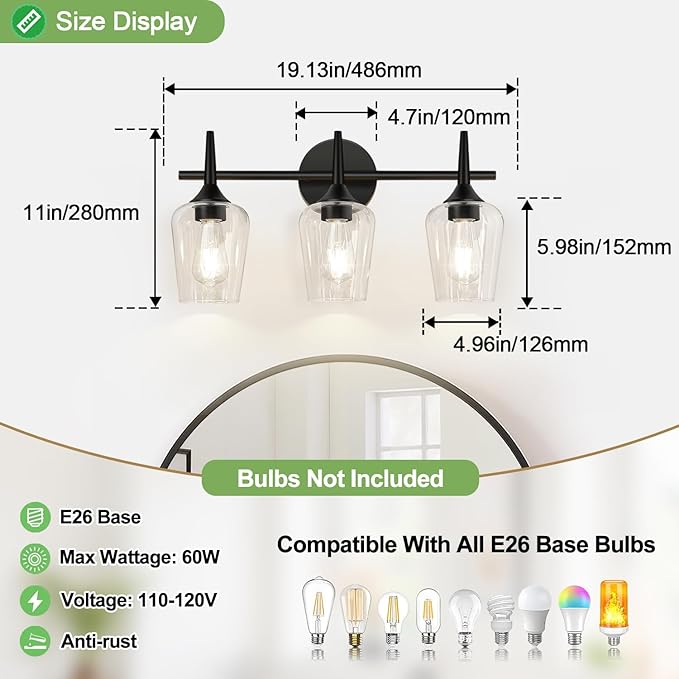 2025 Upgrade 3-Light Bathroom Light Fixtures, Black Vanity Lights for Bathroom with Clear Glass, 19.5 Inch Bathroom Lighting Fixtures Over Mirror, Modern Wall lamp for Cabinet Hallway